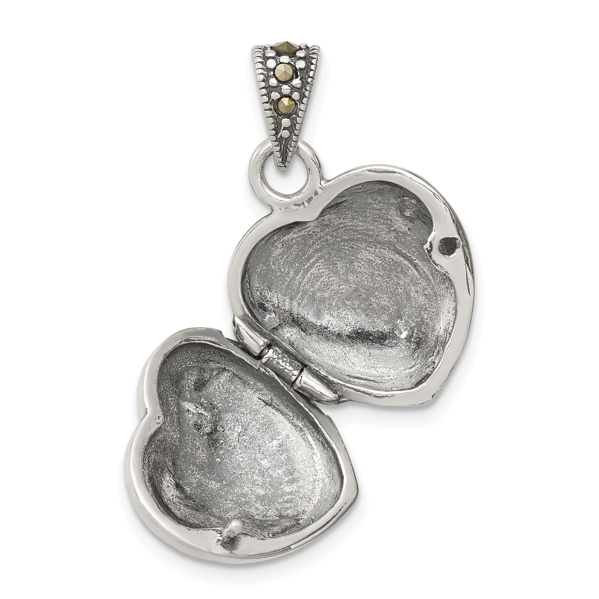 Sterling Silver Heart Locket Pendant with Red Enamel and Marcasite, 25x17mm - JewelryAffairs