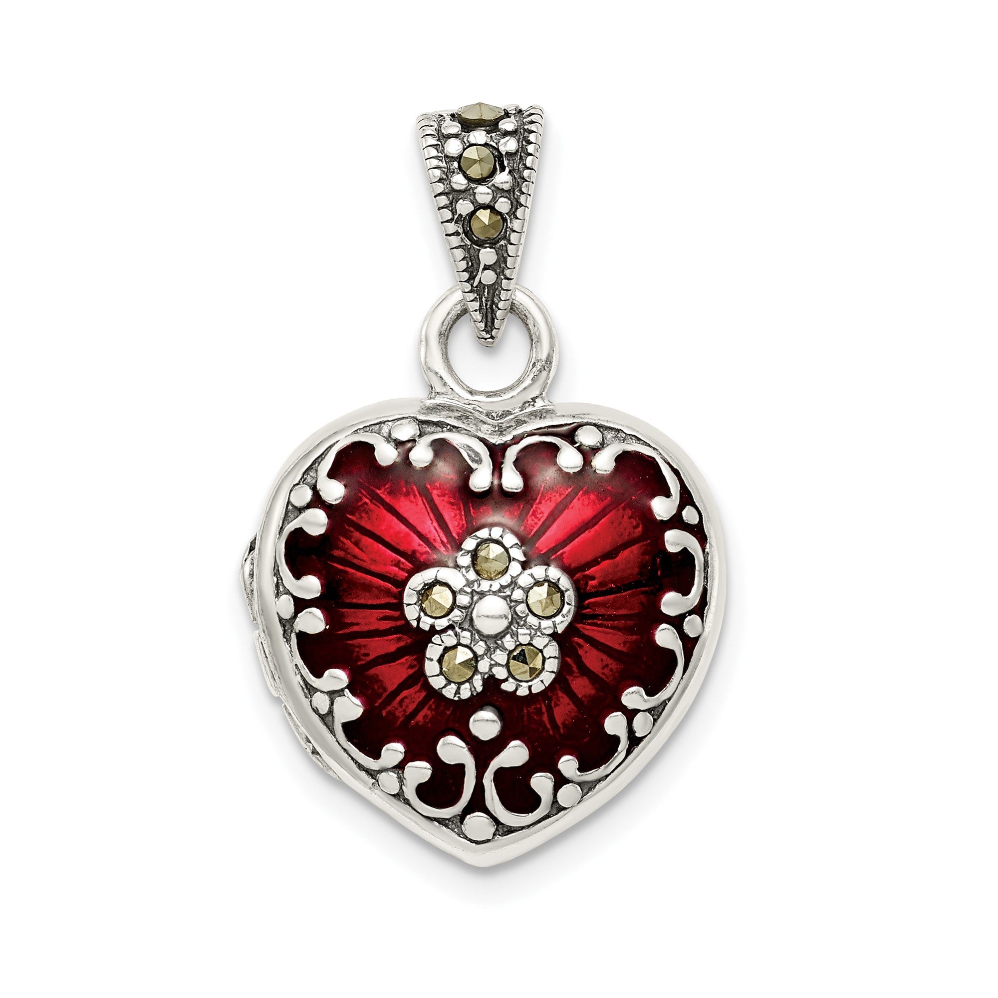 Sterling Silver Heart Locket Pendant with Red Enamel and Marcasite, 25x17mm - JewelryAffairs