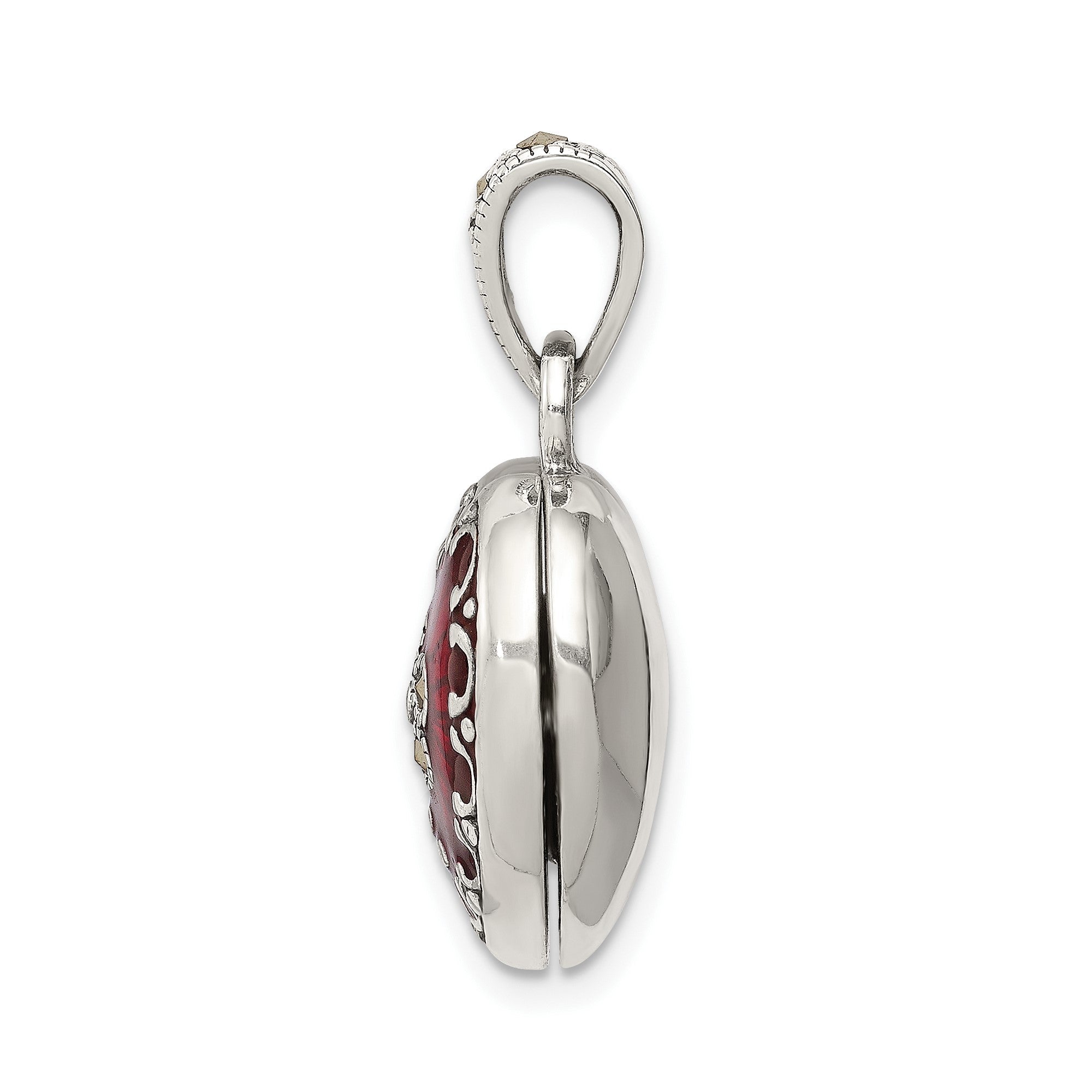 Sterling Silver Heart Locket Pendant with Red Enamel and Marcasite, 25x17mm - JewelryAffairs