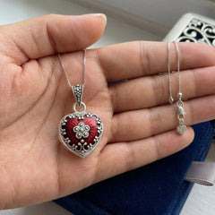 Sterling Silver Heart Locket Pendant with Red Enamel and Marcasite, 25x17mm - JewelryAffairs