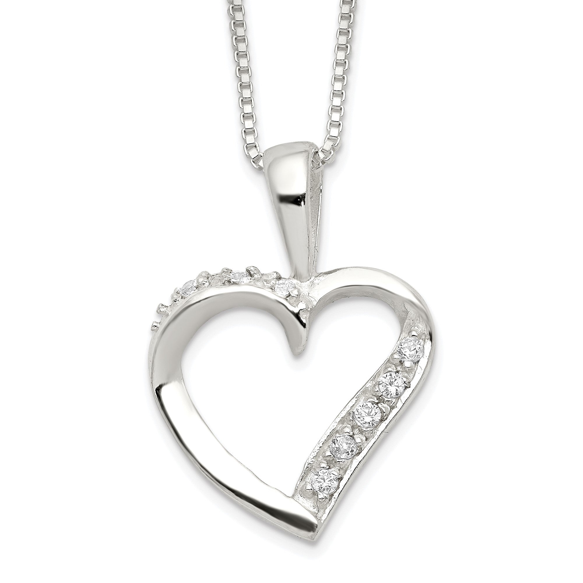 Sterling Silver Heart Pendant Necklace with CZ Stones, 18 inch Chain - JewelryAffairs