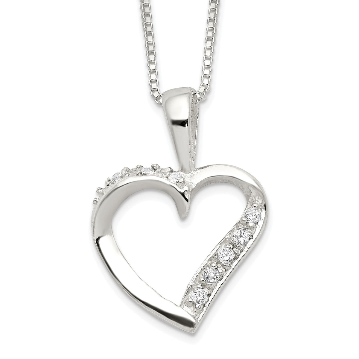 Sterling Silver Heart Pendant Necklace with CZ Stones, 18 inch Chain - JewelryAffairs