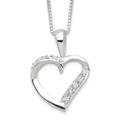 Sterling Silver Heart Pendant Necklace with CZ Stones, 18 inch Chain - JewelryAffairs