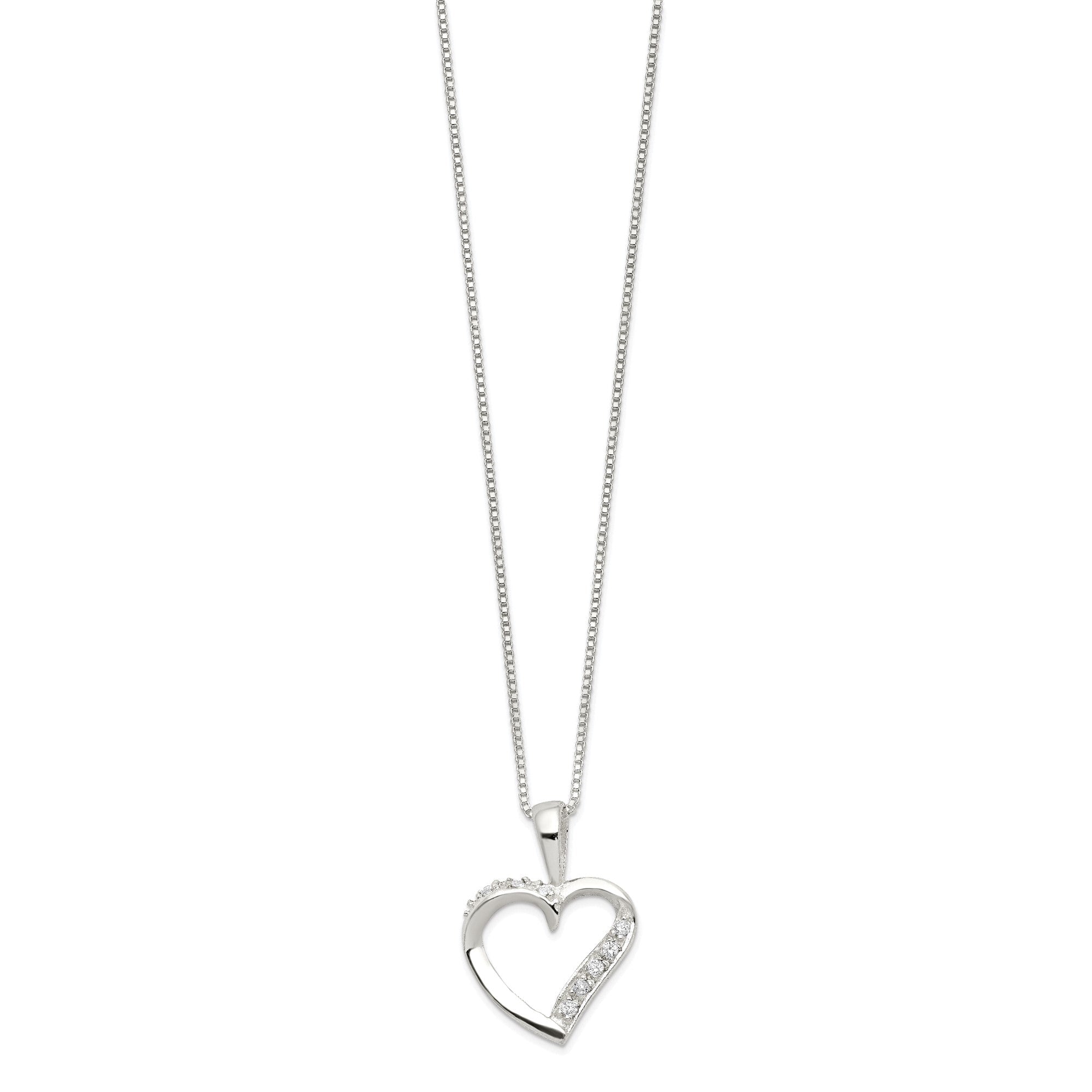 Sterling Silver Heart Pendant Necklace with CZ Stones, 18 inch Chain - JewelryAffairs