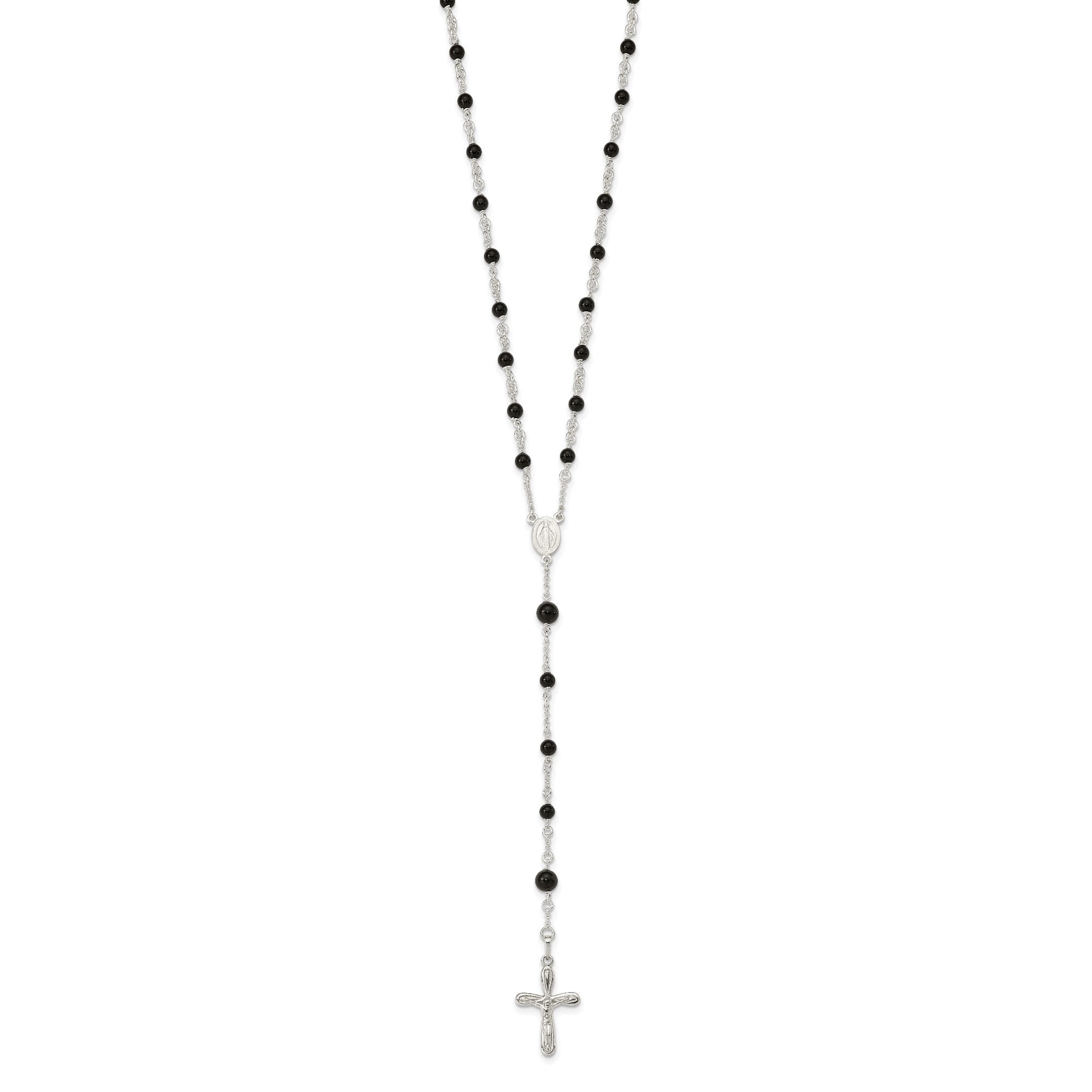Sterling Silver High Polished Black Onyx Rosary Necklace, 33 Inch - JewelryAffairs