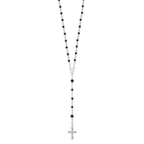 Sterling Silver High Polished Black Onyx Rosary Necklace, 33 Inch