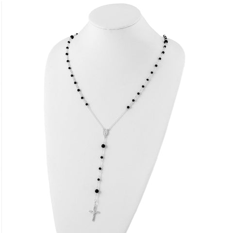 Sterling Silver High Polished Black Onyx Rosary Necklace, 33 Inch