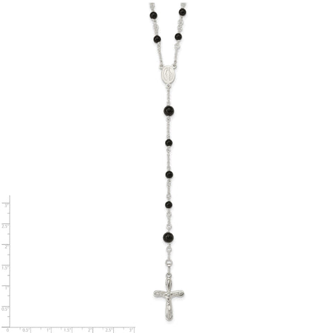 Sterling Silver High Polished Black Onyx Rosary Necklace, 33 Inch