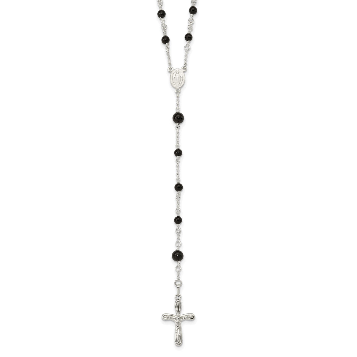 Sterling Silver High Polished Black Onyx Rosary Necklace, 33 Inch - JewelryAffairs