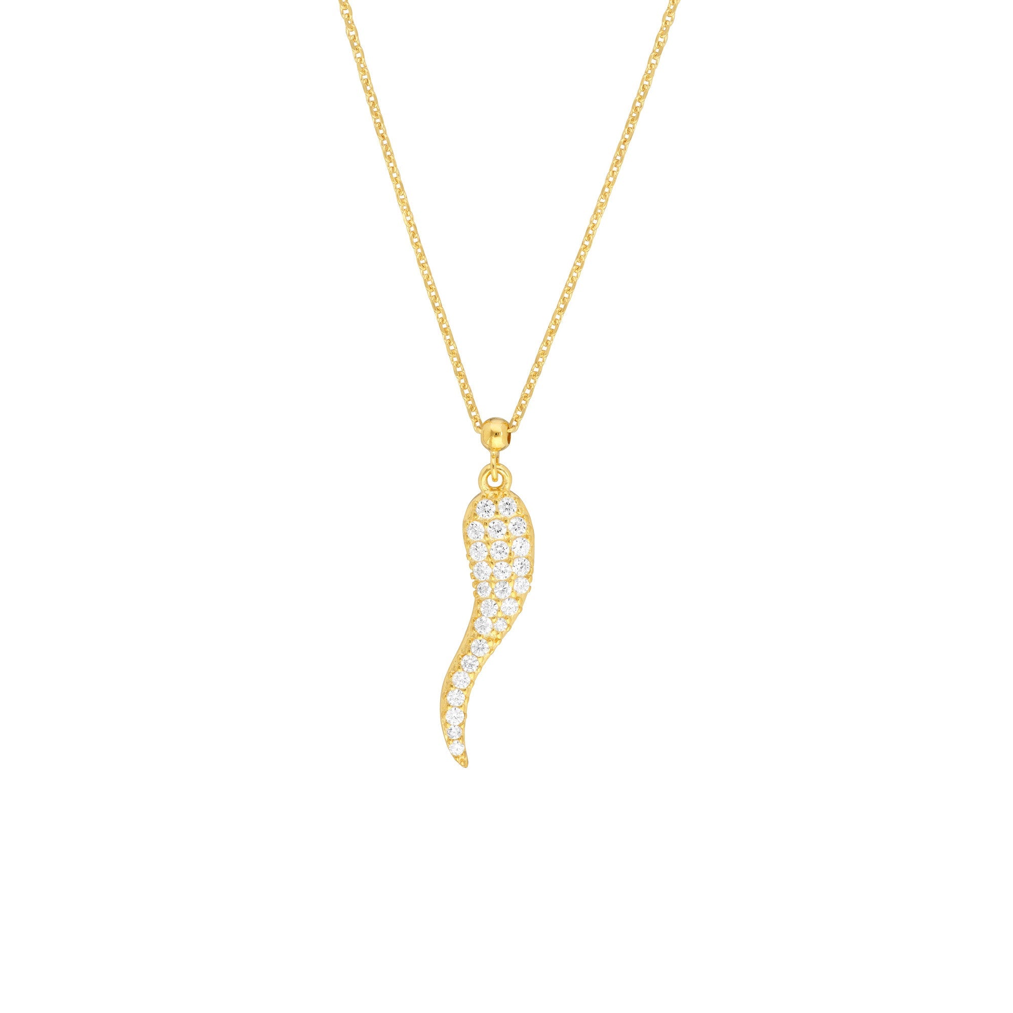 Sterling Silver Italian Horn Pendant Necklace with CZ Stones, 18 Inches, Adjustable - JewelryAffairs
