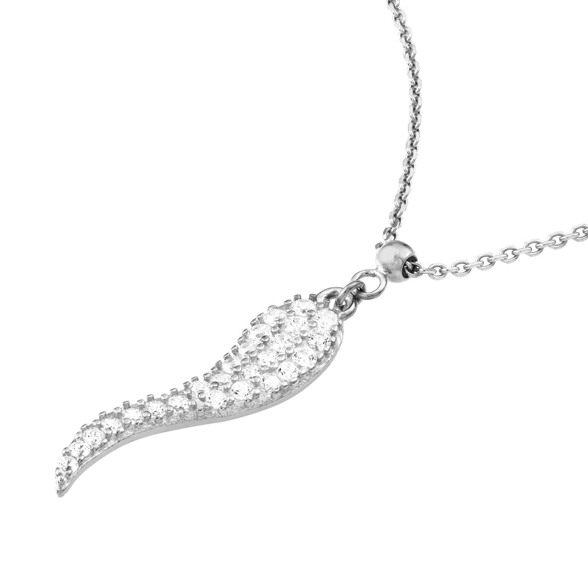 Sterling Silver Italian Horn Pendant Necklace with CZ Stones, 18 Inches, Adjustable - JewelryAffairs