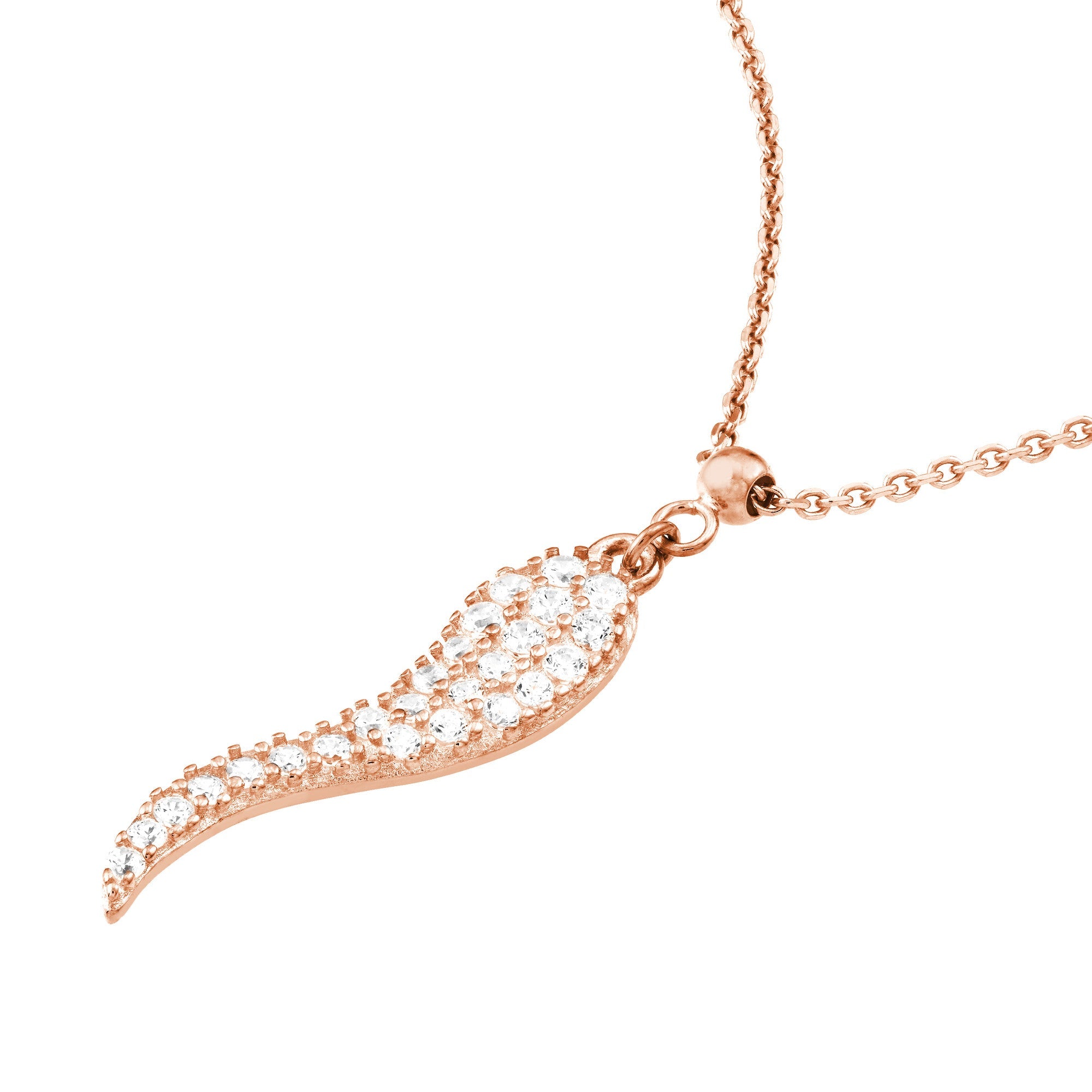 Sterling Silver Italian Horn Pendant Necklace with CZ Stones, 18 Inches, Adjustable - JewelryAffairs