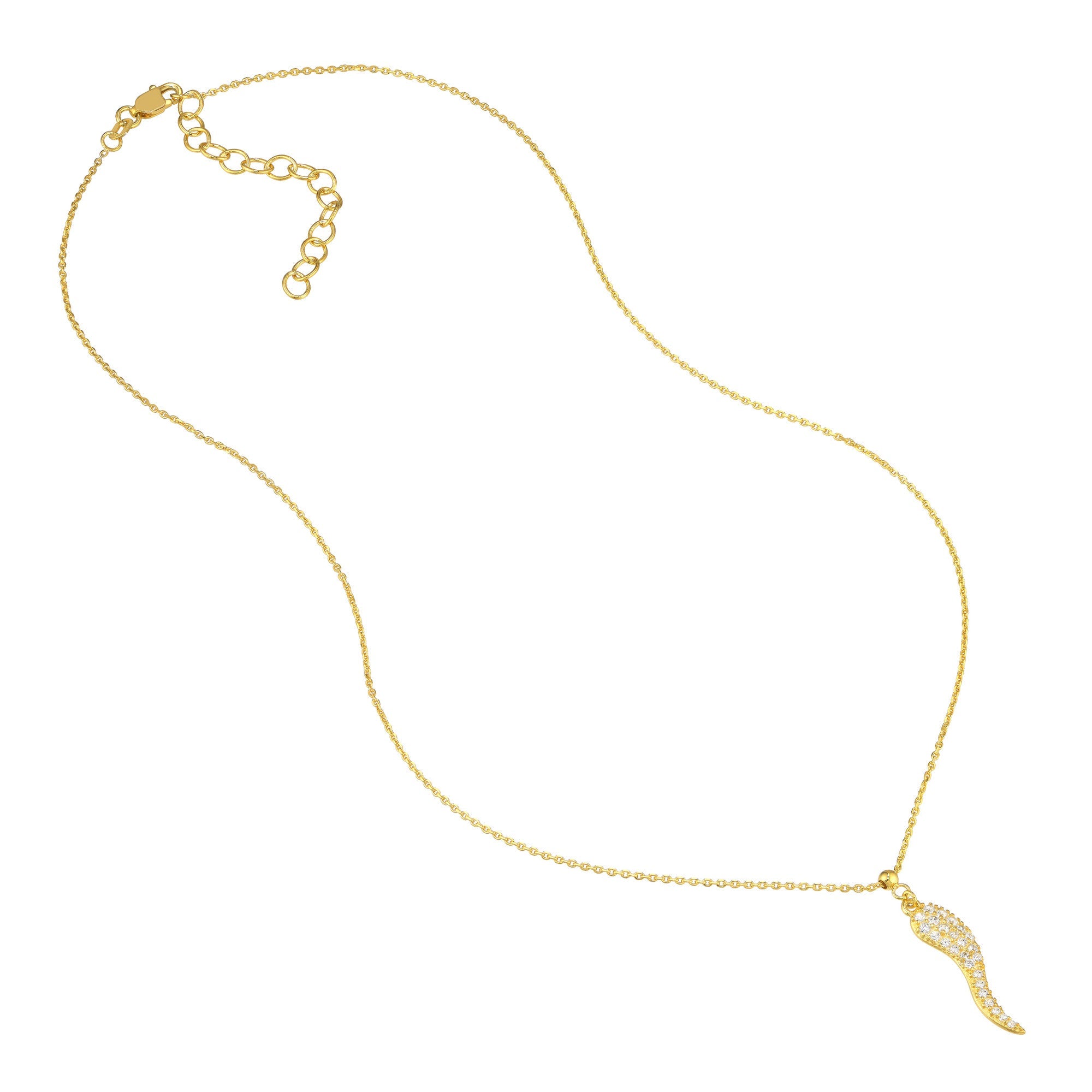 Sterling Silver Italian Horn Pendant Necklace with CZ Stones, 18 Inches, Adjustable - JewelryAffairs