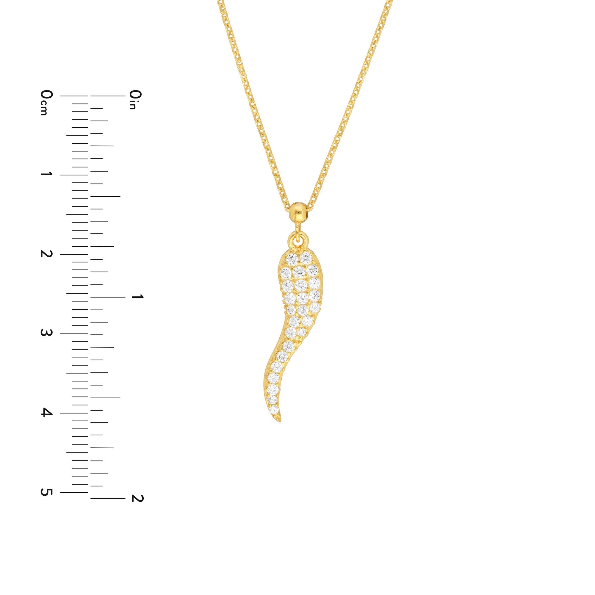 Sterling Silver Italian Horn Pendant Necklace with CZ Stones, 18 Inches, Adjustable - JewelryAffairs