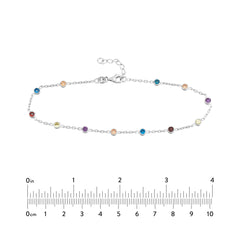 Sterling Silver Multi-Color CZ Chain Anklet, 10 Inch, Adjustable