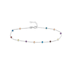 Sterling Silver Multi-Color CZ Chain Anklet, 10 Inch, Adjustable