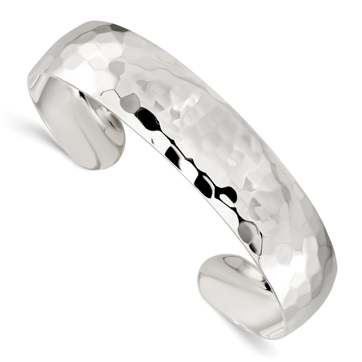 Sterling Silver Polished 13.5mm Domed Hammered Cuff Bangle - JewelryAffairs