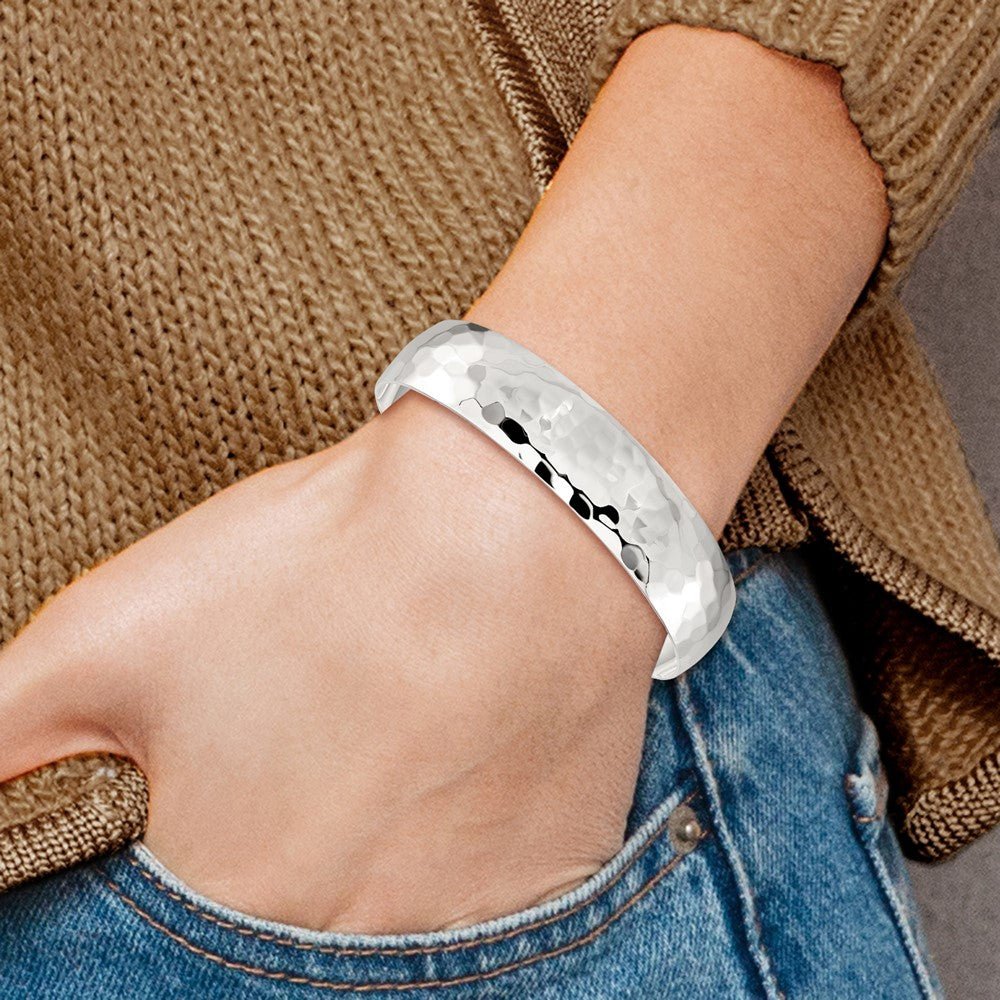 Sterling Silver Polished 13.5mm Domed Hammered Cuff Bangle - JewelryAffairs