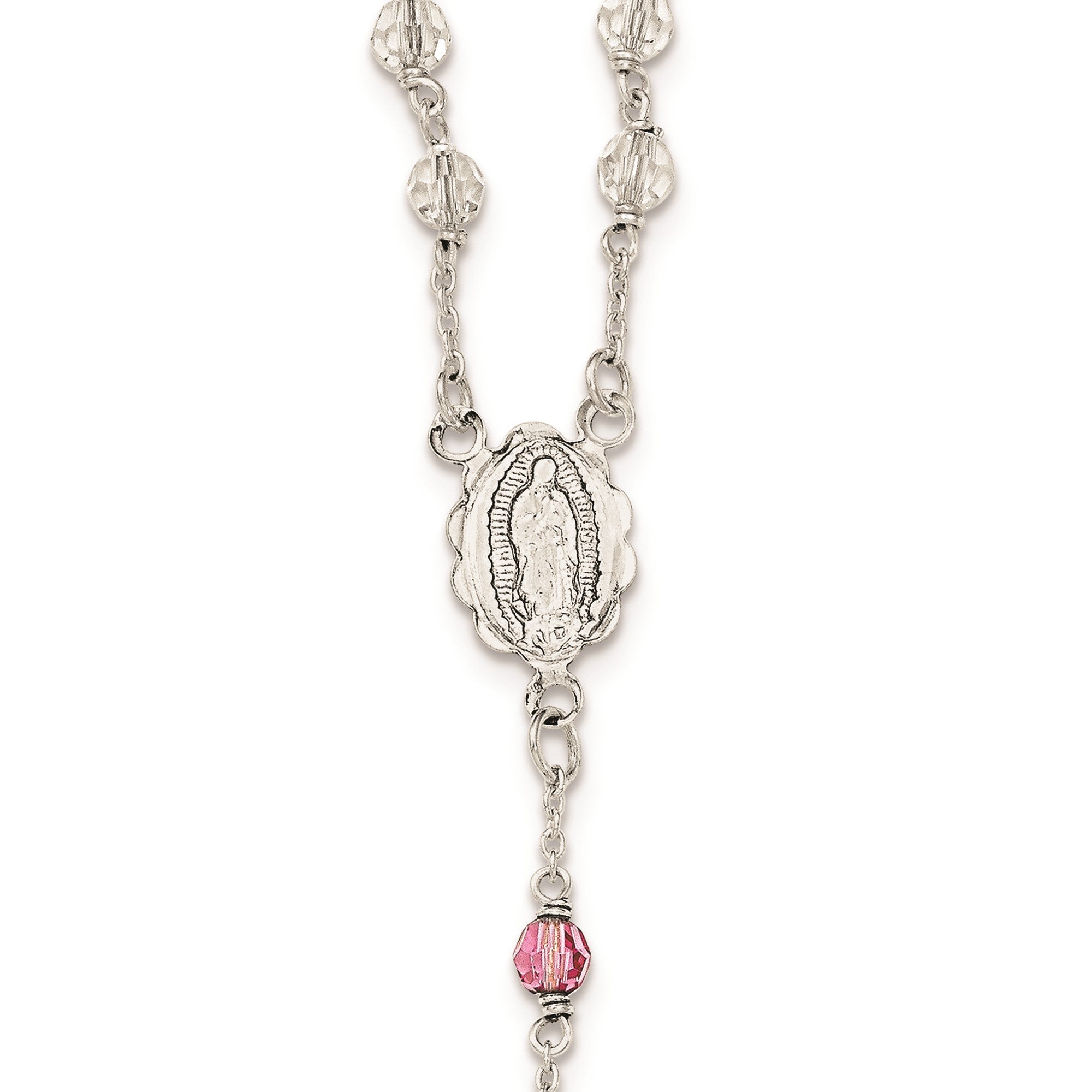 Sterling Silver Polished Crystal Rose Quartz Rosary Cross Necklace, 21.5 Inch - JewelryAffairs