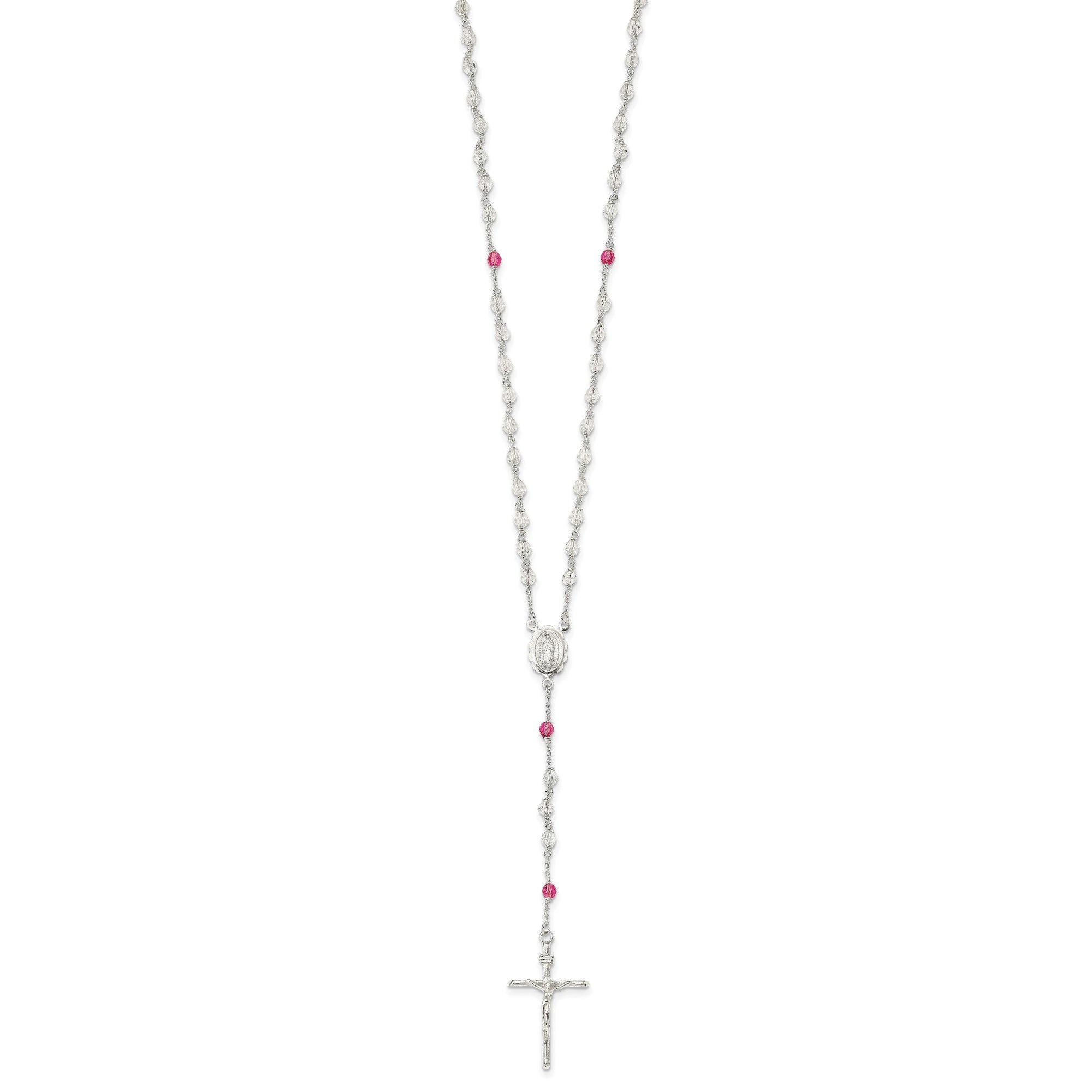 Sterling Silver Polished Crystal Rose Quartz Rosary Cross Necklace, 21.5 Inch - JewelryAffairs