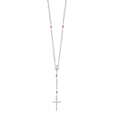 Sterling Silver Polished Crystal Rose Quartz Rosary Cross Necklace, 21.5 Inch
