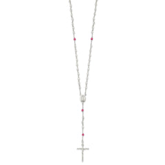Sterling Silver Polished Crystal Rose Quartz Rosary Cross Necklace, 21.5 Inch - JewelryAffairs