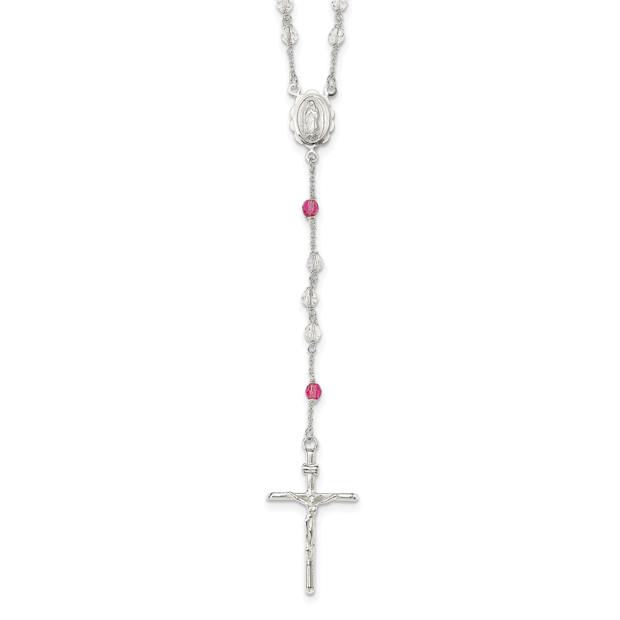 Sterling Silver Polished Crystal Rose Quartz Rosary Cross Necklace, 21.5 Inch - JewelryAffairs