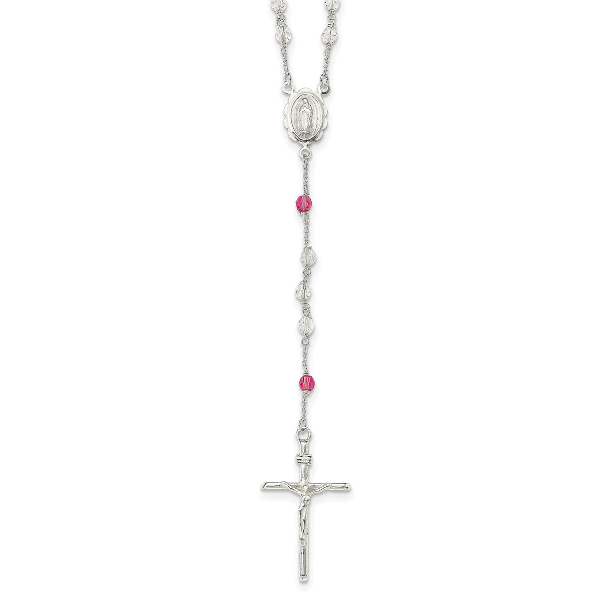 Sterling Silver Polished Crystal Rose Quartz Rosary Cross Necklace, 21.5 Inch - JewelryAffairs