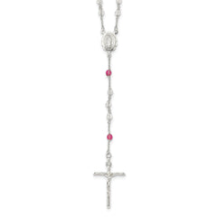 Sterling Silver Polished Crystal Rose Quartz Rosary Cross Necklace, 21.5 Inch - JewelryAffairs