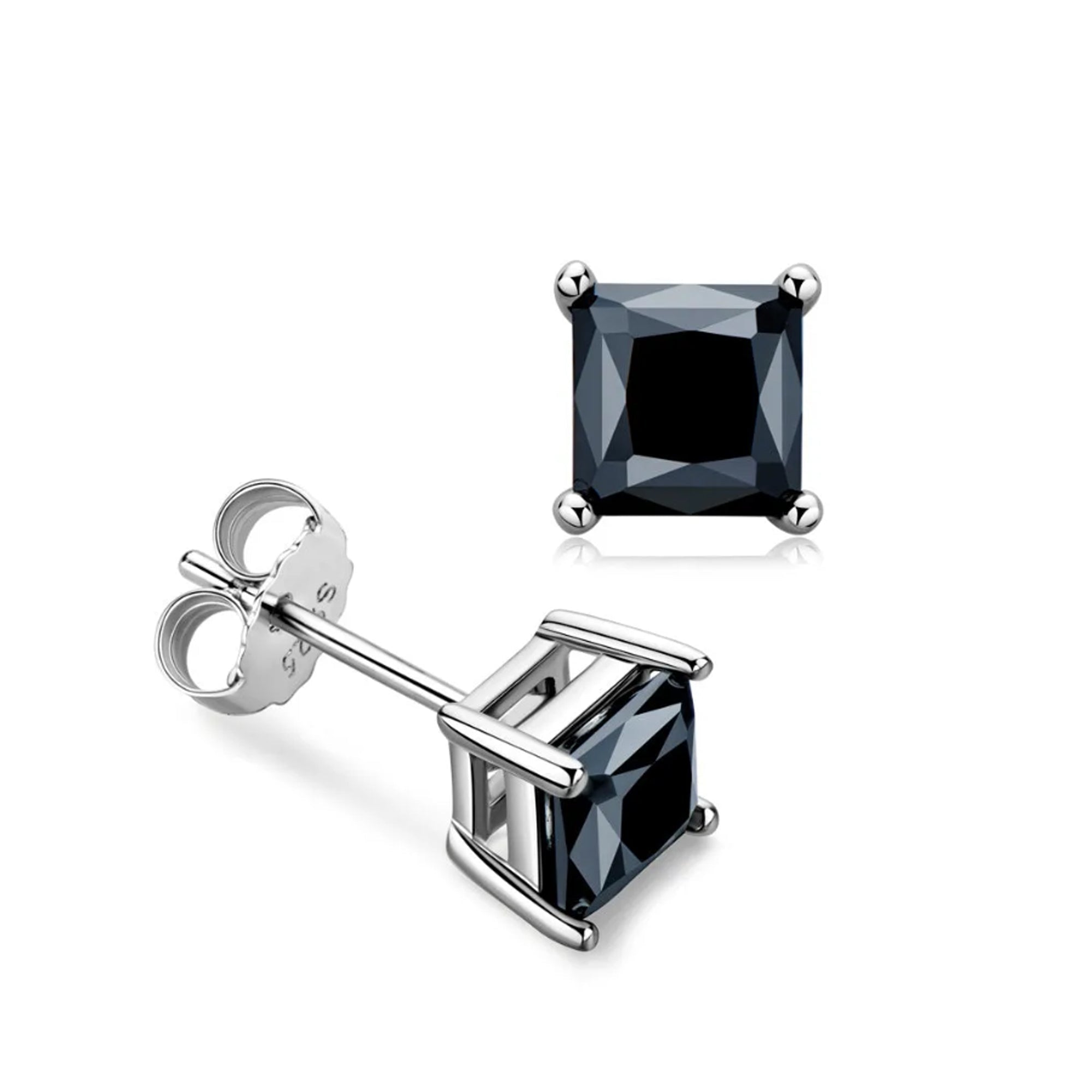 Sterling Silver Rhodium Finish Princess Cut Black Cubic Zirconia Stud Earring - JewelryAffairs