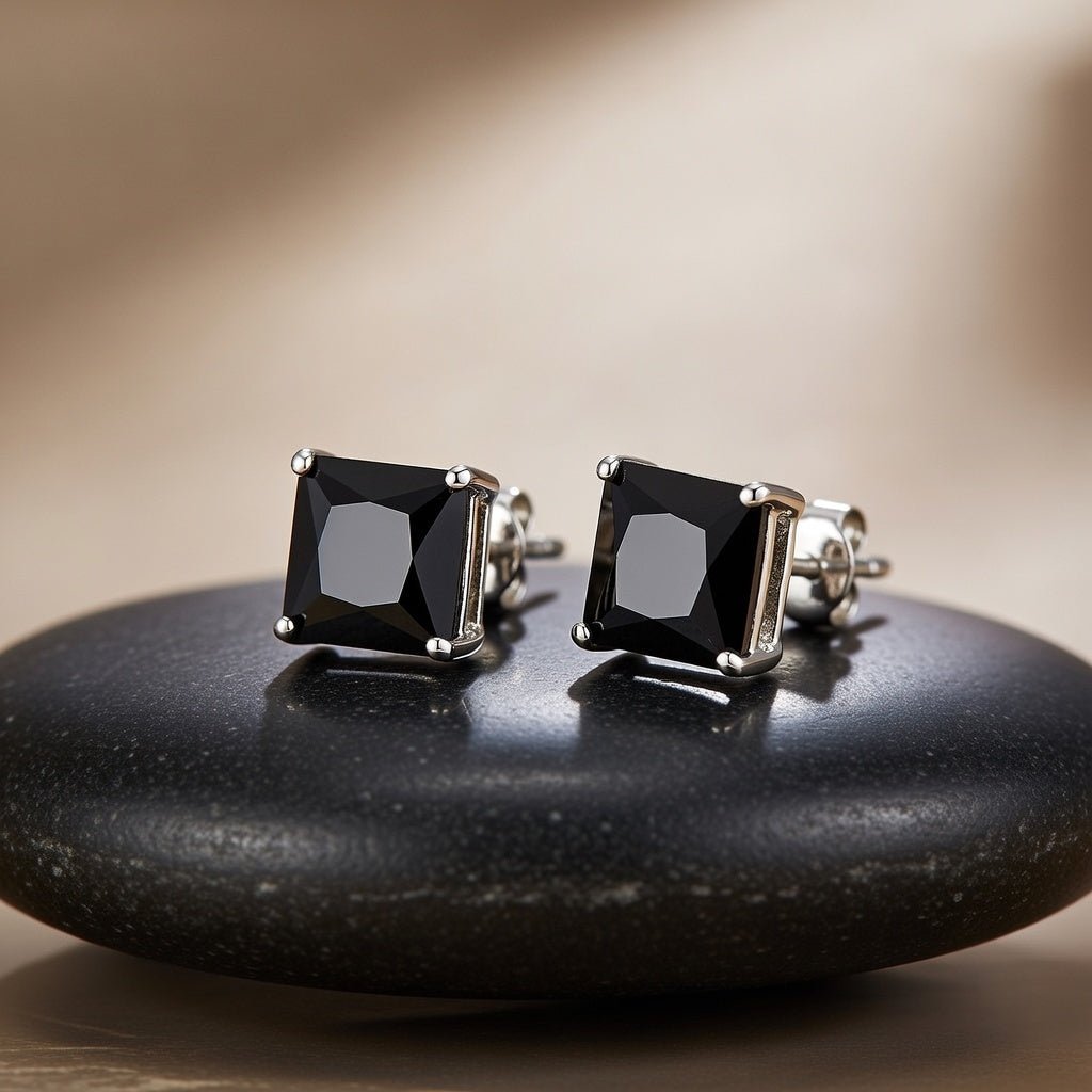 Sterling Silver Rhodium Finish Princess Cut Black Cubic Zirconia Stud Earring - JewelryAffairs