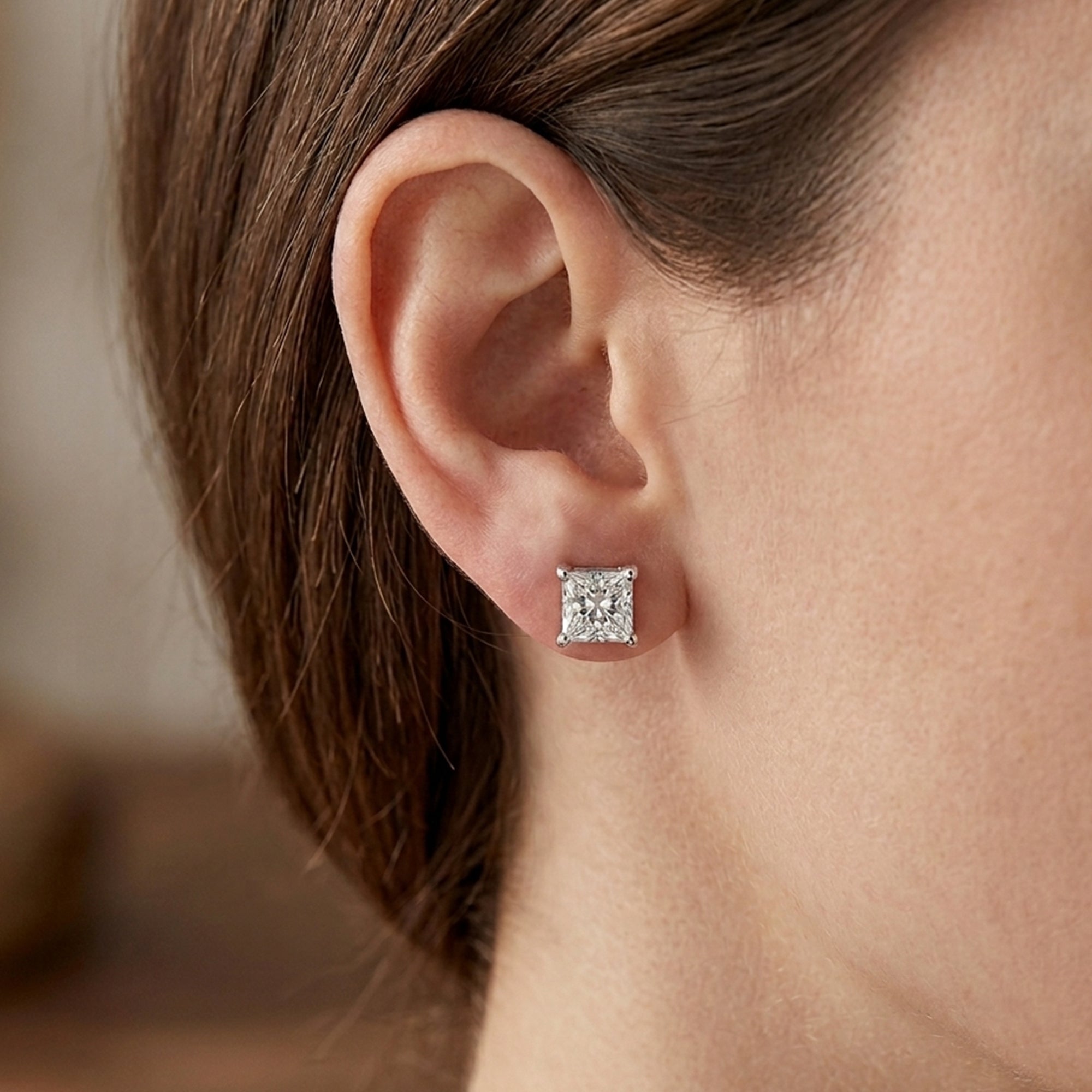 Sterling Silver Rhodium Finish Princess Cut Cubic Zirconia Stud Earring - JewelryAffairs