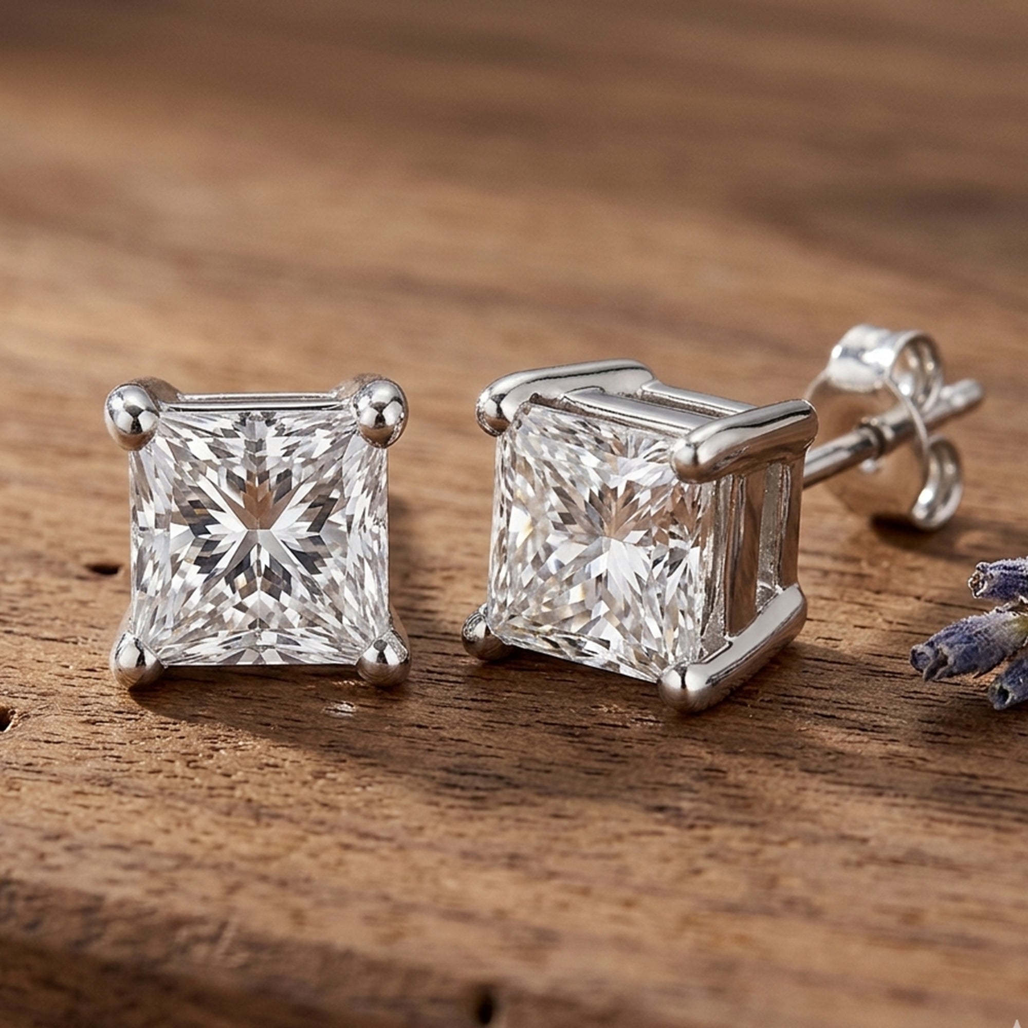 Sterling Silver Rhodium Finish Princess Cut Cubic Zirconia Stud Earring - JewelryAffairs