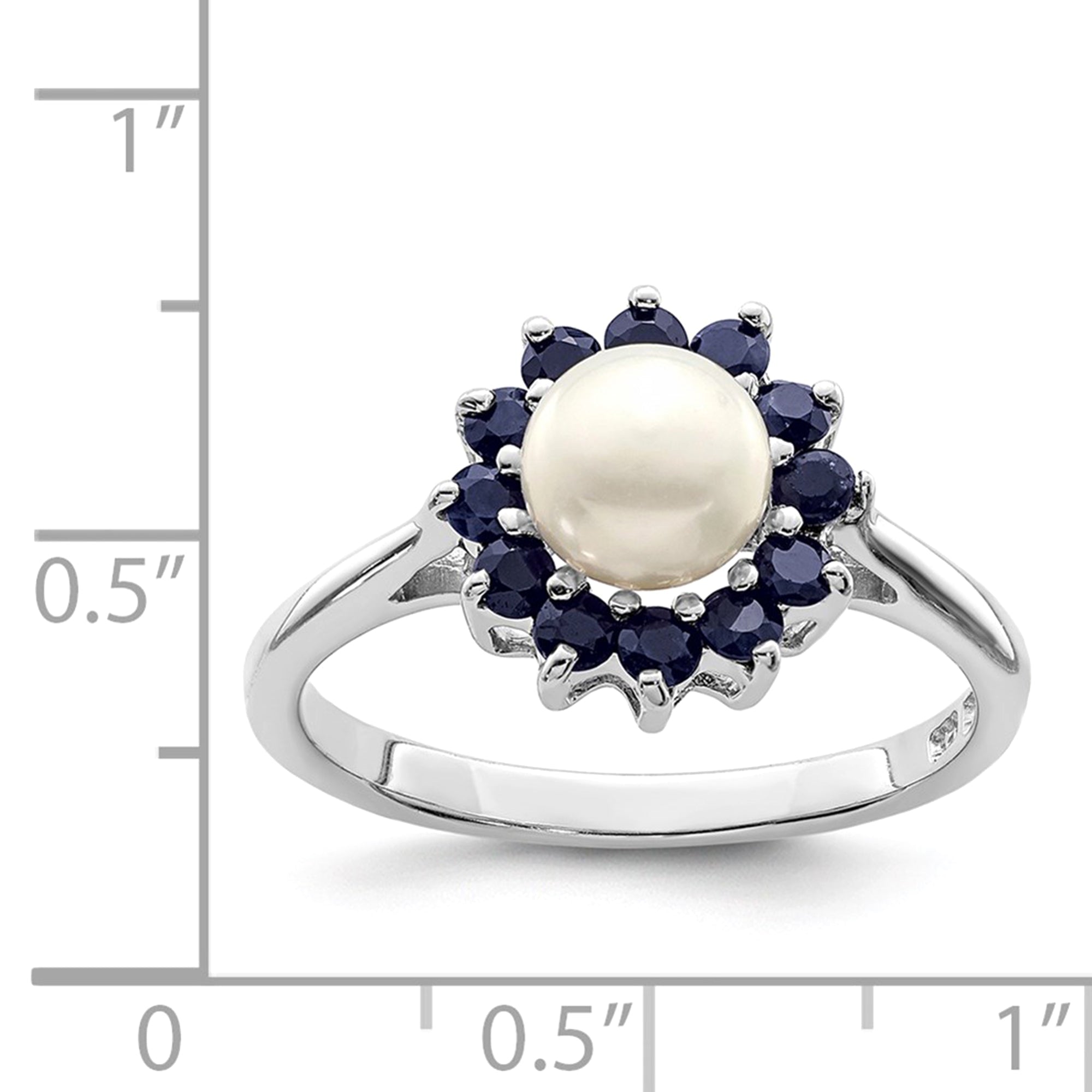 Sterling Silver Rhodium Plated 6mm Pearl and Sapphire Ring - JewelryAffairs