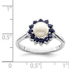 Sterling Silver Rhodium Plated 6mm Pearl and Sapphire Ring