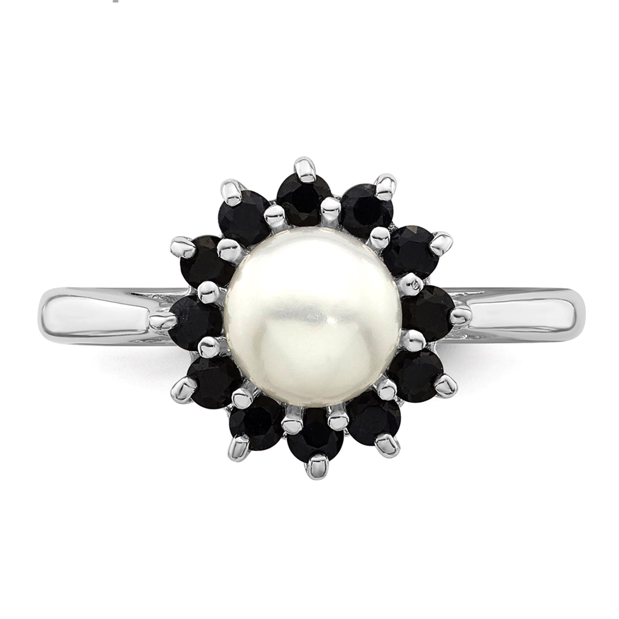 Sterling Silver Rhodium Plated 6mm Pearl and Sapphire Ring - JewelryAffairs