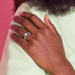 Sterling Silver Rhodium Plated 6mm Pearl and Sapphire Ring