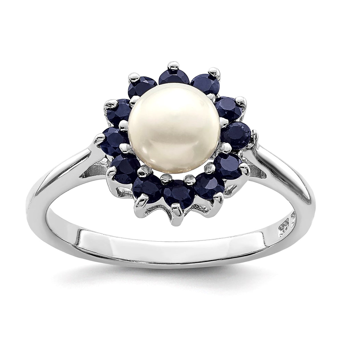Sterling Silver Rhodium Plated 6mm Pearl and Sapphire Ring - JewelryAffairs