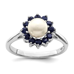 Sterling Silver Rhodium Plated 6mm Pearl and Sapphire Ring - JewelryAffairs