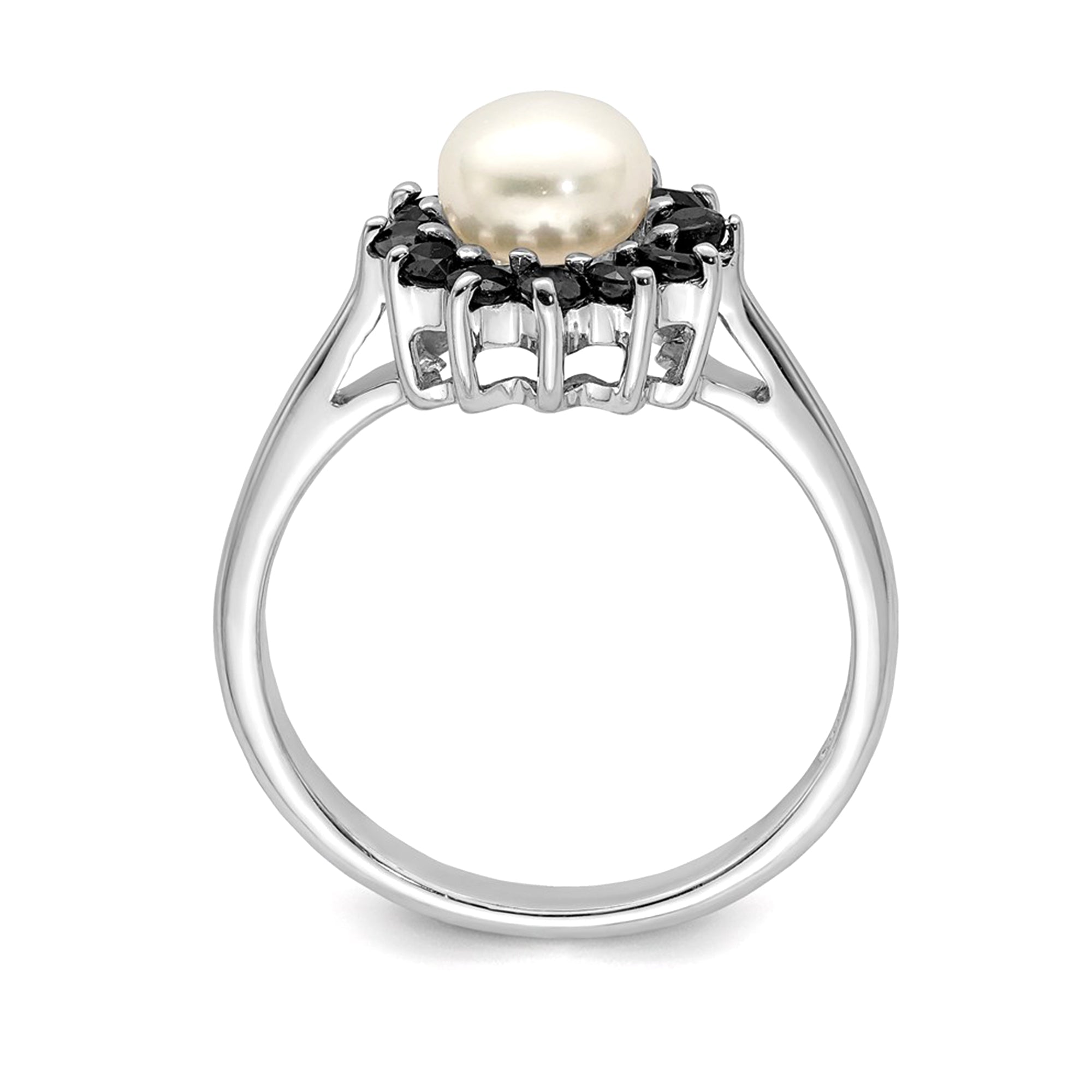 Sterling Silver Rhodium Plated 6mm Pearl and Sapphire Ring - JewelryAffairs