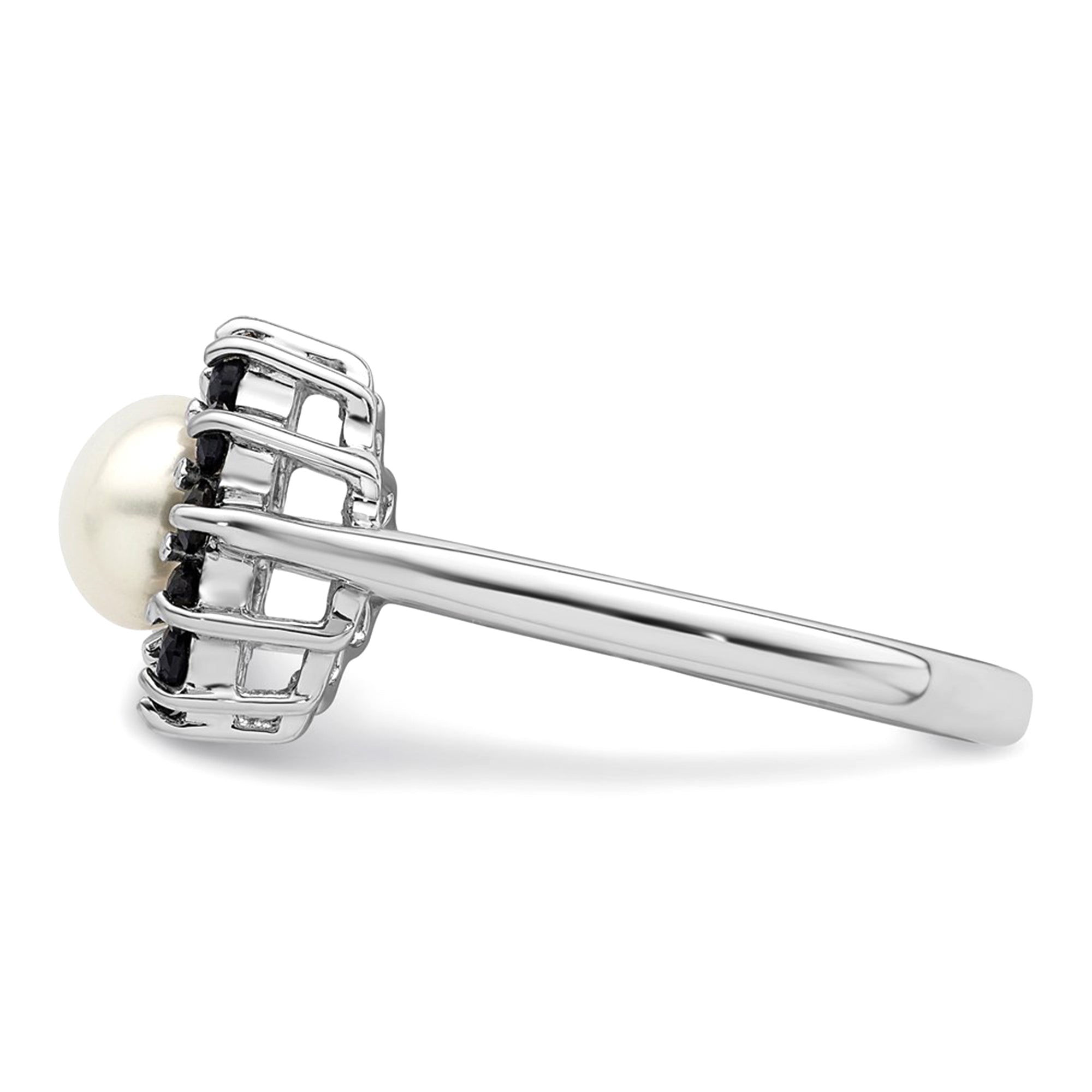 Sterling Silver Rhodium Plated 6mm Pearl and Sapphire Ring - JewelryAffairs