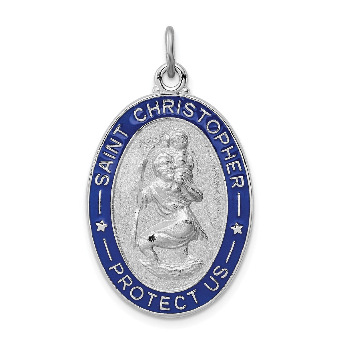 Sterling Silver Rhodium - plated Blue Enamel St. Christopher Medal Pendant, 35x20mm - JewelryAffairs