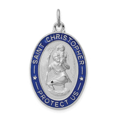 Sterling Silver Rhodium - plated Blue Enamel St. Christopher Medal Pendant, 35x20mm - JewelryAffairs