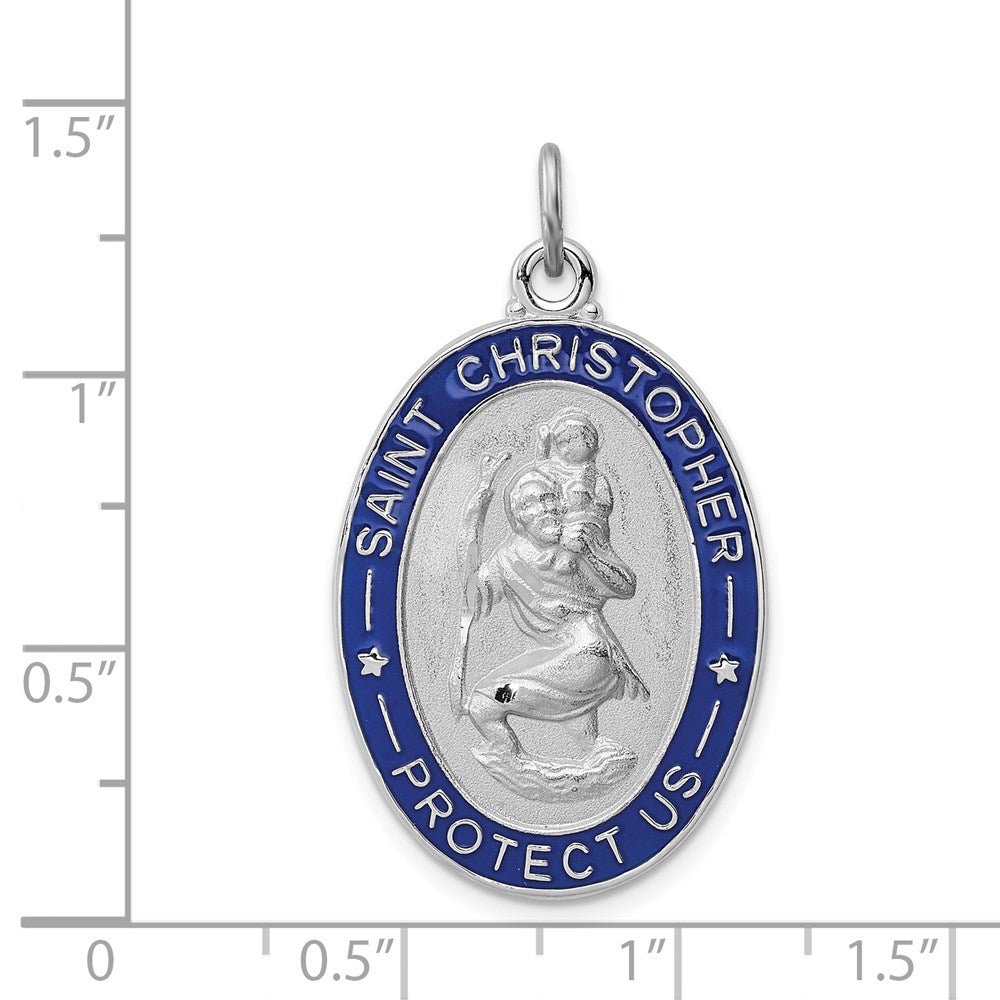 Sterling Silver Rhodium - plated Blue Enamel St. Christopher Medal Pendant, 35x20mm - JewelryAffairs