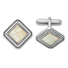 Sterling Silver Rhodium - plated CZ and Mother of Pearl Square Cuff Links - JewelryAffairs