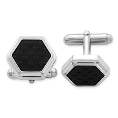 Sterling Silver Rhodium - plated Hexagon Black Carbon Fiber Cufflinks - JewelryAffairs