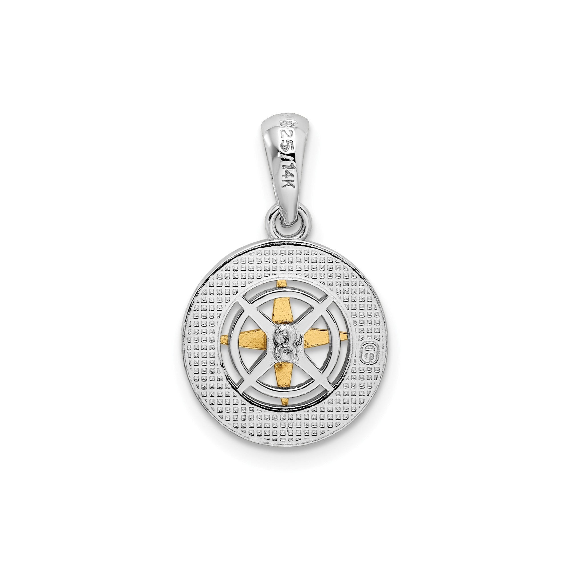 Sterling Silver Rhodium - Plated Polished Mini Compass with 14k Needle Pendant - JewelryAffairs
