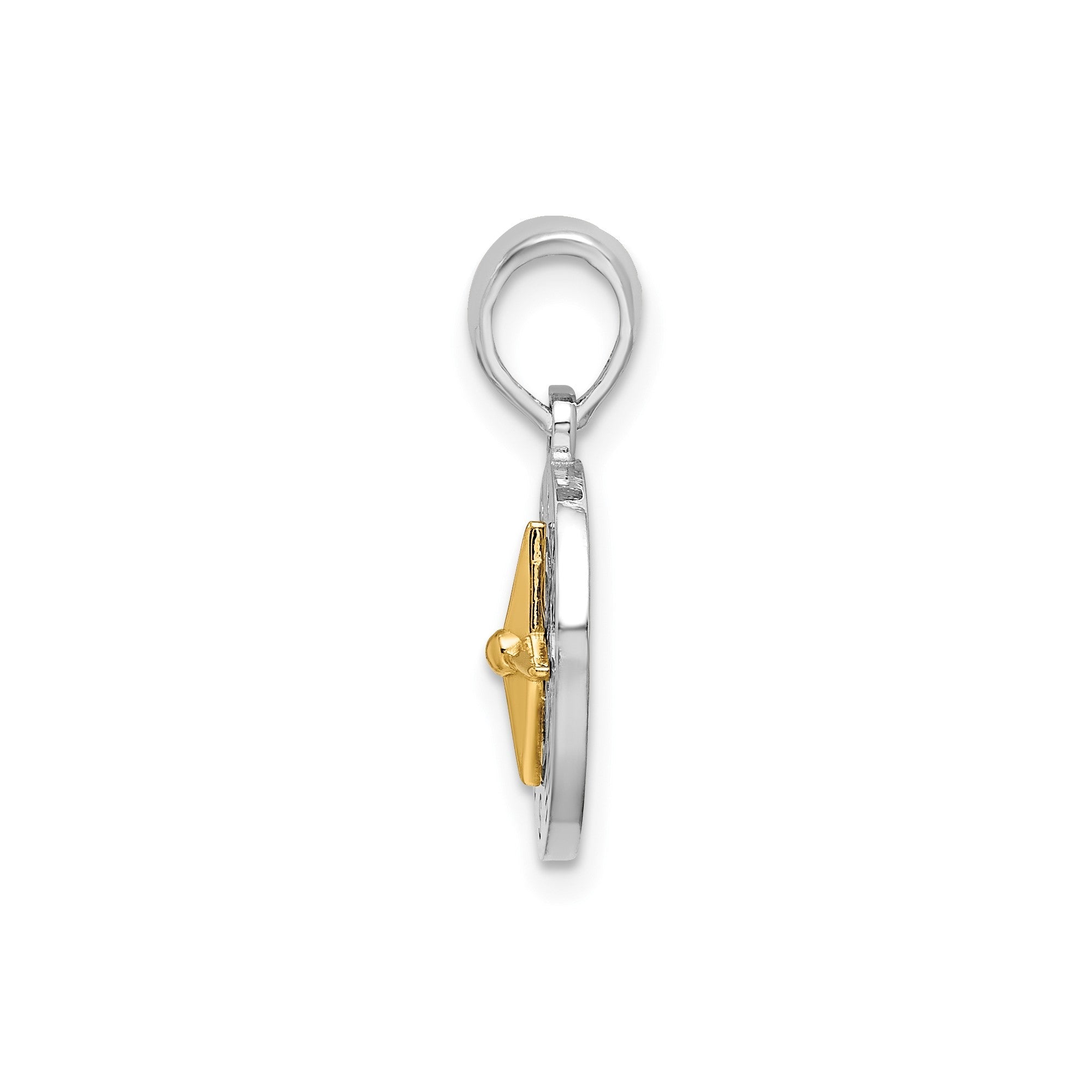 Sterling Silver Rhodium - Plated Polished Mini Compass with 14k Needle Pendant - JewelryAffairs