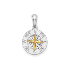 Sterling Silver Rhodium - Plated Polished Mini Compass with 14k Needle Pendant - JewelryAffairs