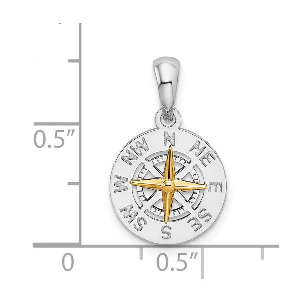 Sterling Silver Rhodium - Plated Polished Mini Compass with 14k Needle Pendant - JewelryAffairs